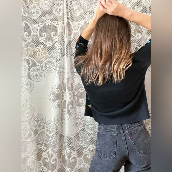 Vintage 80s CLIO Petites Black Silk Colorful Floral Embroidered Cardigan Sweater - Picture 11 of 14